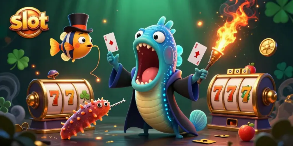 Engage with the vibrant slot scene featuring a gulper eel magician performing tricks amid colorful slot symbols.