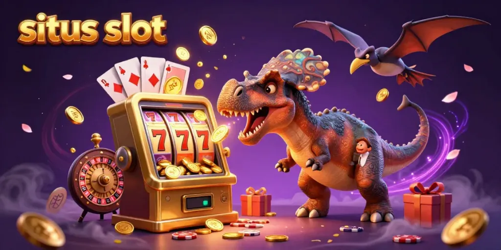 Situs slot illustration featuring a pachycephalosaurus winning jackpot coins, creating excitement and earning rewards.