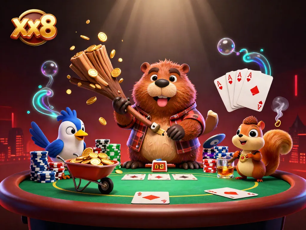 Collect coins in the vibrant gameplay of xx8 with a beaver, bird, and squirrel at a lively poker table.