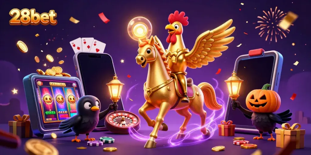 Experience the thrill of 28bet casino with a colorful, vibrant scene filled with gaming action and excitement.