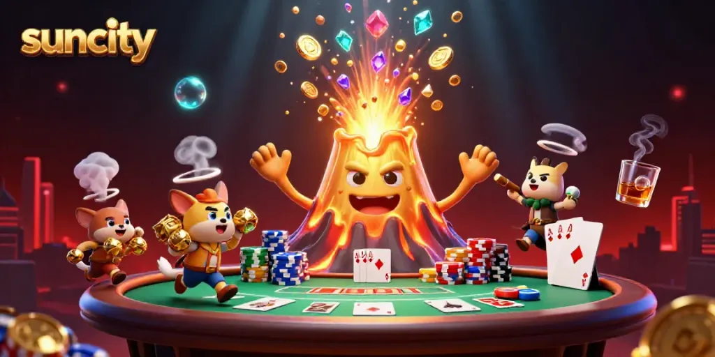 Suncity's vibrant casino scene showcases a golden volcano erupting with treasures amidst poker elements and colorful chips.
