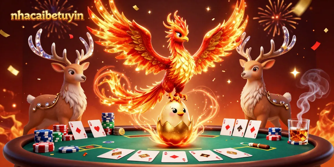 Feel the excitement at nhacaibetuytin as a phoenix rises amidst poker elements and celebration.
