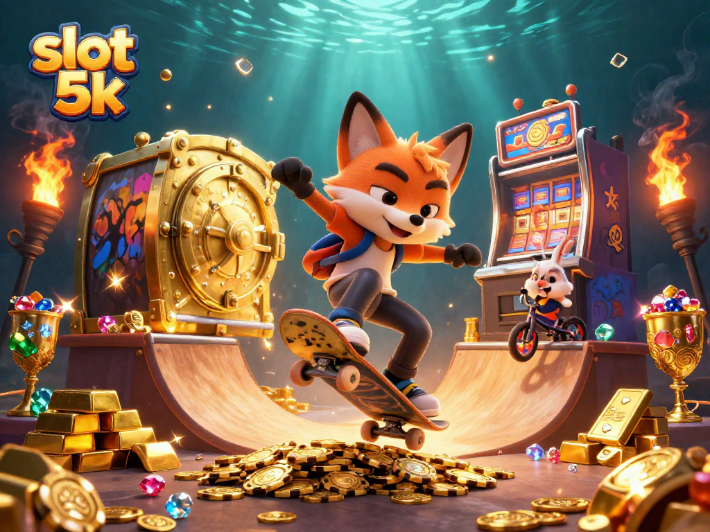 Experience thrilling slots with slot 5k featuring vibrant casino-themed characters and gold elements.