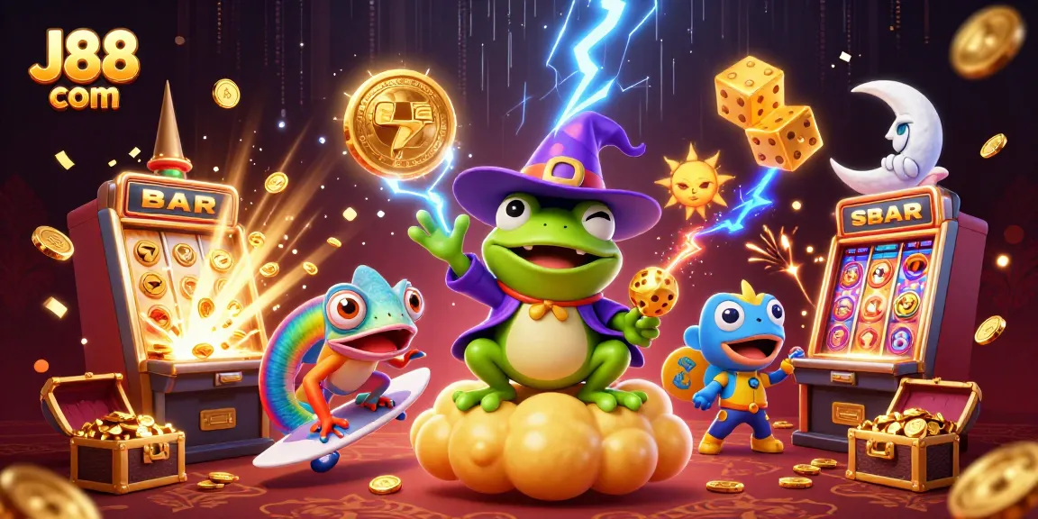 Watch J88 com come alive as the weather wizard frog conjures a storm of golden coins amidst vibrant casino elements.