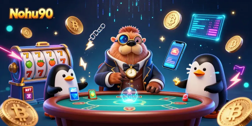 Nohu90 showcases a jolly walrus playing poker with a penguin dealer and pufferfish amid neon slot elements.