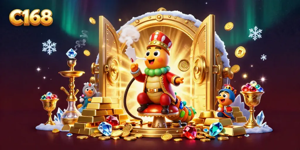 Engage in thrilling play at C168 with a vibrant casino scene showcasing poker symbols and treasures.