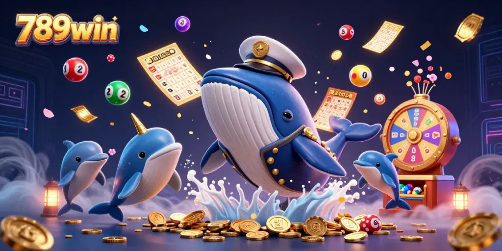 Engage with 789win's vibrant casino scene featuring whales and lottery elements.