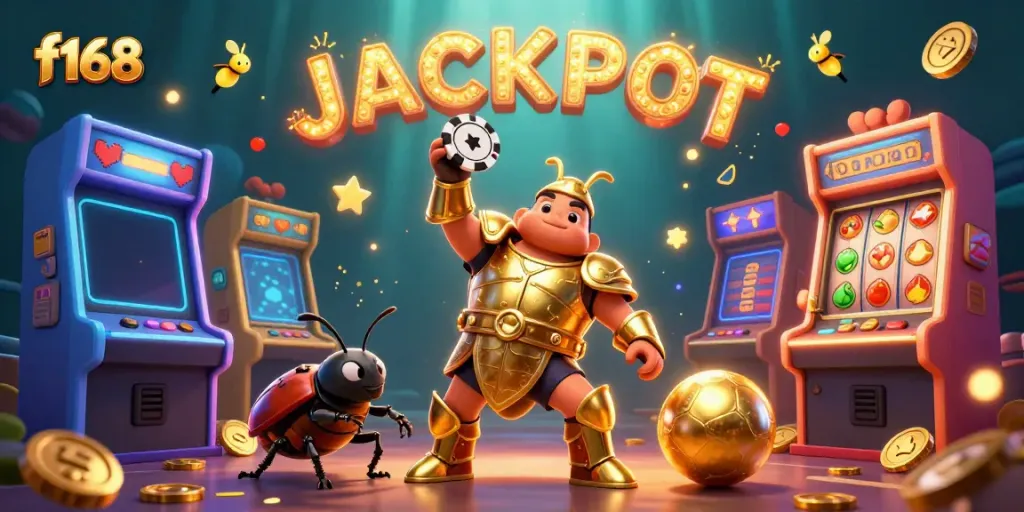 Experience f168's exciting casino atmosphere animated by a hercules beetle triumphantly lifting a poker chip.