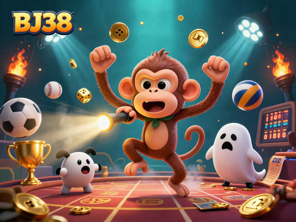 Experience thrilling moments with BJ38 as a playful poltergeist monkey juggles golden casino elements.
