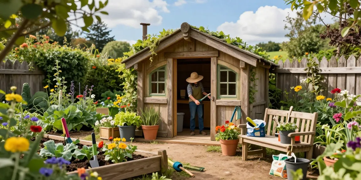 Shire potting sheds in a vibrant garden filled with flowers and tools.