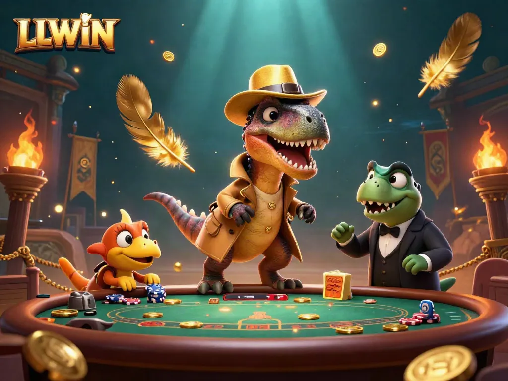 Experience the thrill of gaming at LLWIN with a clever velociraptor and stegosaurus amidst a vibrant casino.