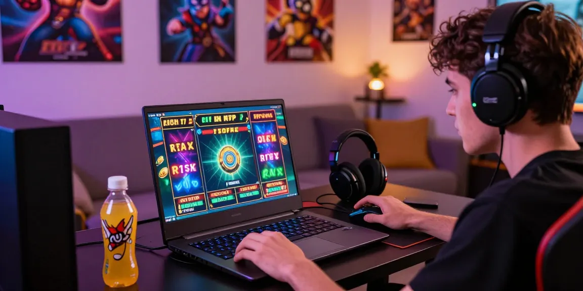 Playbook88 gaming enthusiast engaging with high RTP online slot games in a vibrant game room.