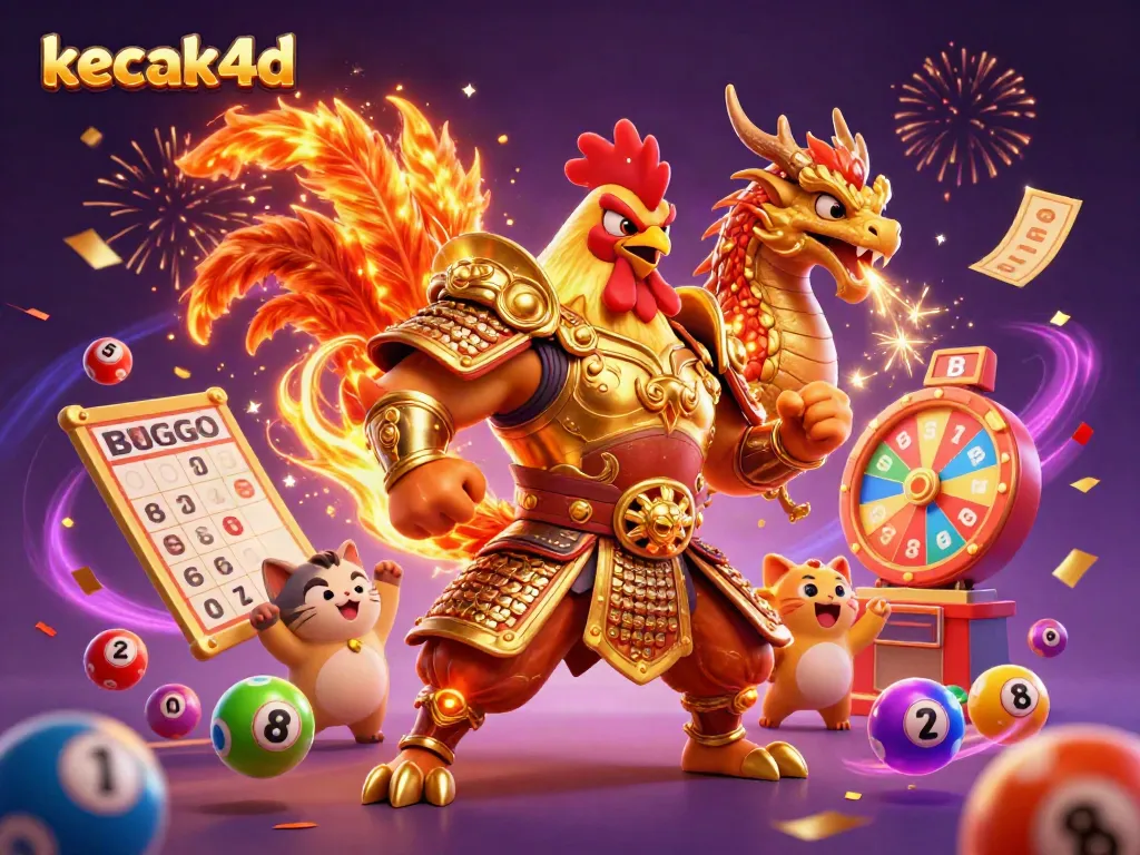 Experience the excitement of kecak4d with a colorful, dynamic illustration featuring heroic characters and casino elements.