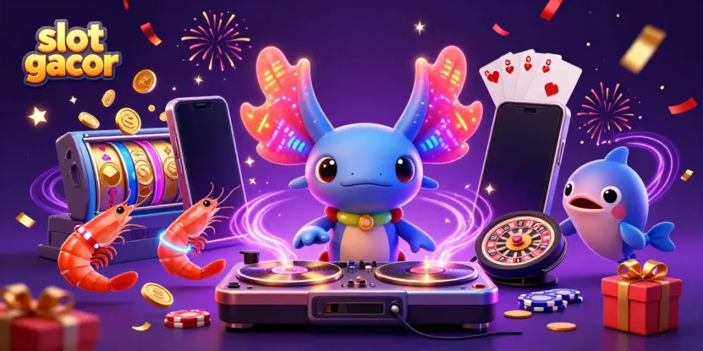 Experience vibrant slot gacor excitement with an underwater DJ scene filled with animated casino elements.