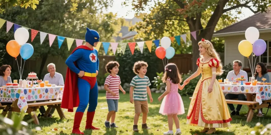 Children enjoying character rentals at a colorful birthday party with superheroes and princesses.