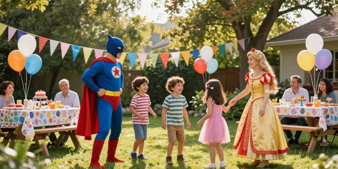 Children enjoying character rentals at a colorful birthday party with superheroes and princesses.
