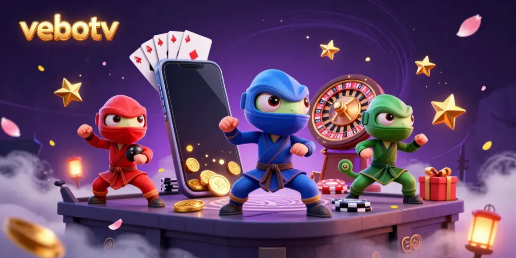 Experience live betting on vebotv with an exciting scene showcasing ninja chameleons and vibrant casino elements.