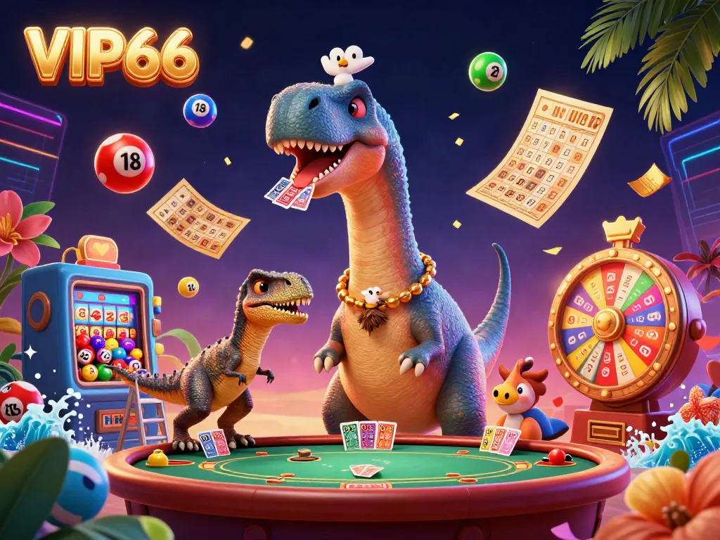 Experience VIP66 in a vibrant casino scene with a playful dinosaur dealing cards.