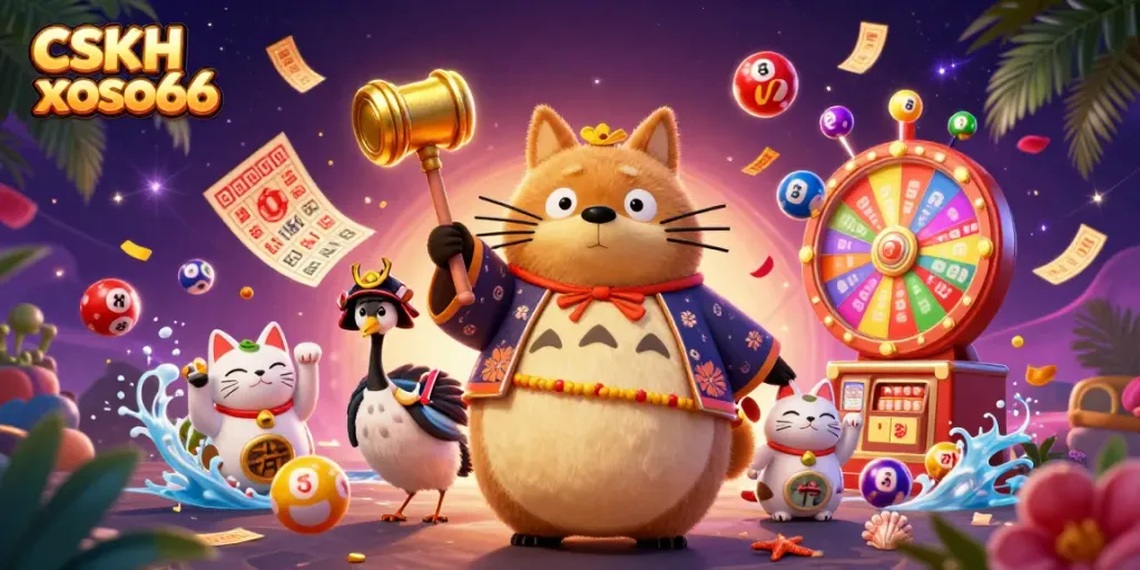 Experience excitement with CSKH xoso66 as the tanuki, crane, and fortune cats celebrate in a vibrant casino scene.