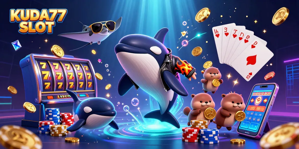 Menangkan KUDA77 SLOT dengan otter beruang emas, mesin slot, dan simbol keberuntungan.
