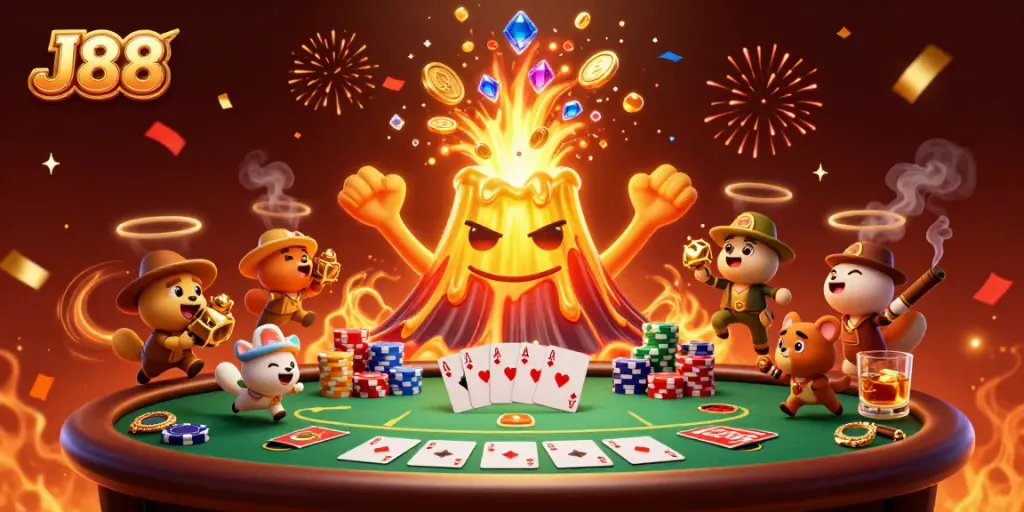 Experience the thrill of J88 with a golden volcano erupting treasure while poker games unfold.