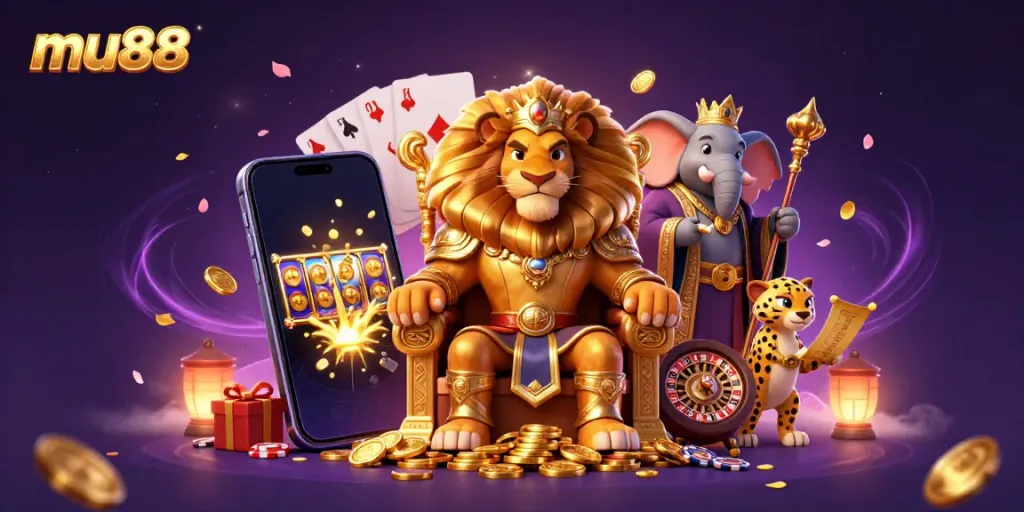 Engage in thrilling casino action with mu88's vibrant and dynamic 3D scene featuring iconic gaming elements.
