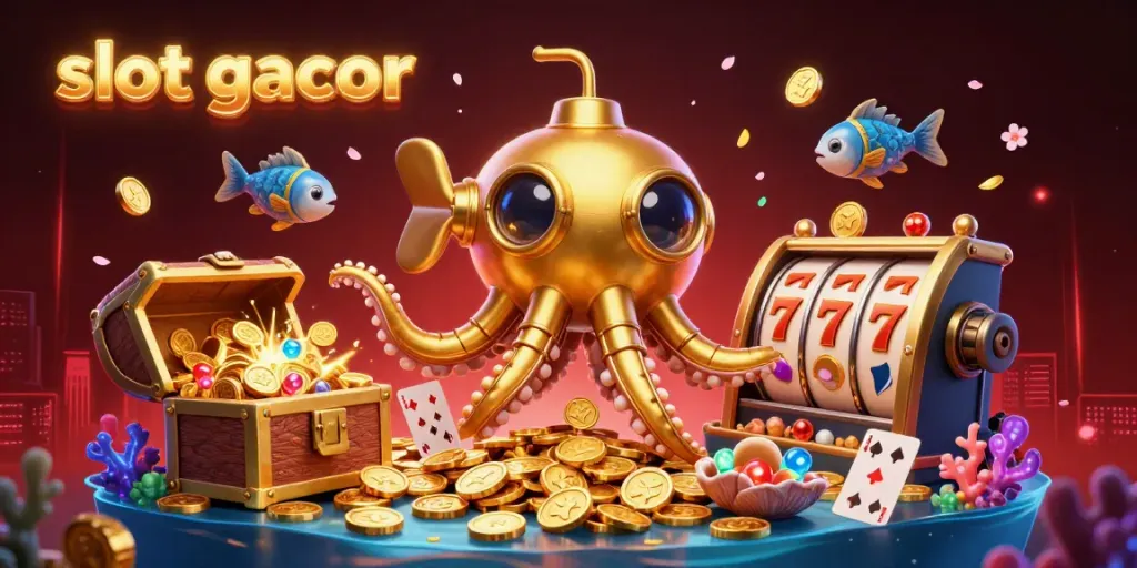 Experience thrilling slot gacor action with a golden kraken submarine and vibrant casino elements.