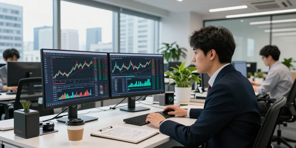 Japan quant stock trading API in a modern fintech office with real-time data.