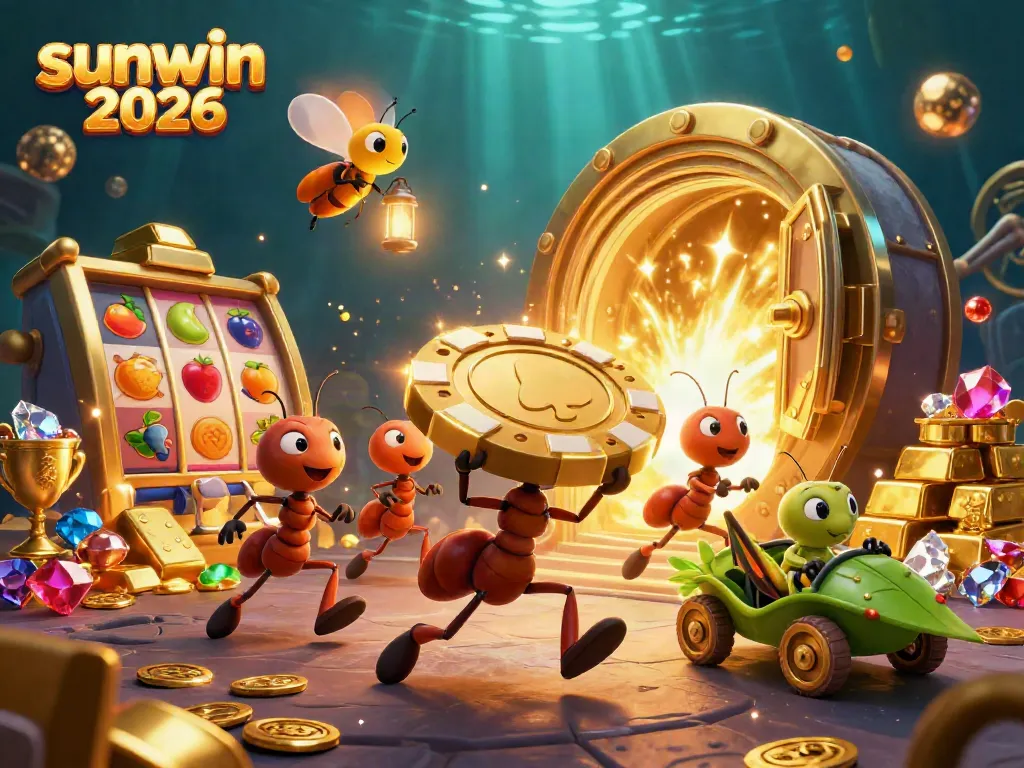 Join the heist at sunwin 2026 as ants carry a giant poker chip amidst treasures, showcasing an exciting casino adventure.