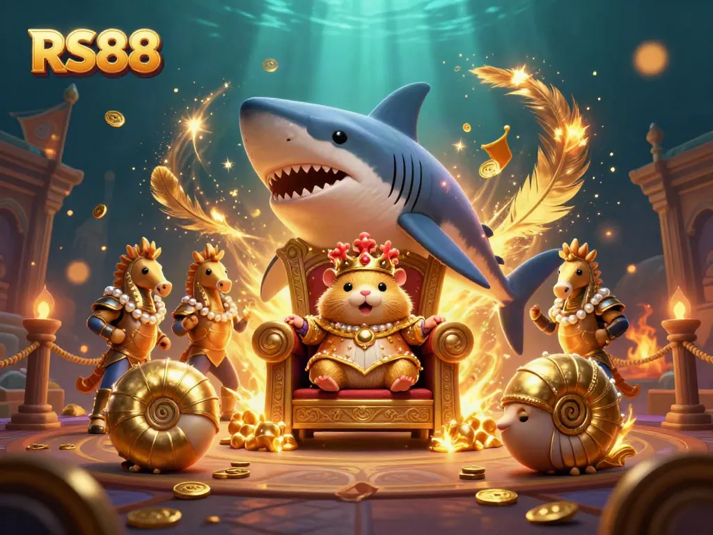 RS88, the hamster king on his megalodon throne, commands an exciting casino battle scene.