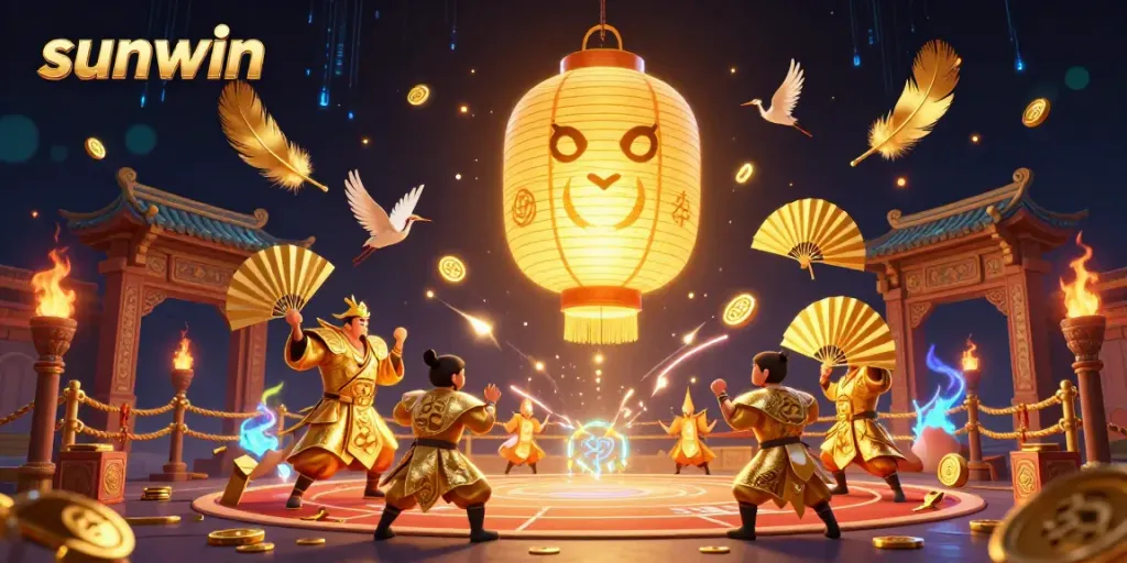 Experience the magic of sunwin at a vibrant casino, featuring a glowing lantern spirit and lucky symbols.