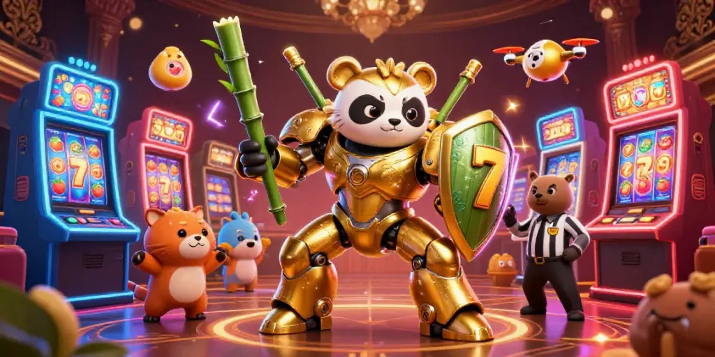 Menonton Hot web series di kasino dengan panda emas dan robot bertema bambu.