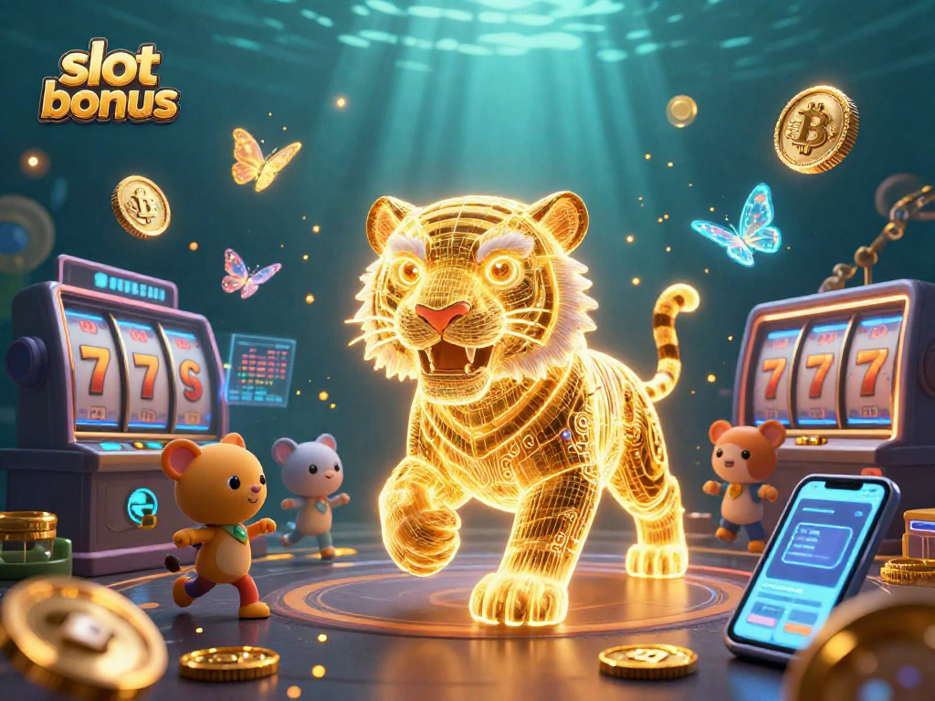 Experience slot bonus excitement with vibrant 3D illustration of neon-wireframe tiger and crypto coins in a dynamic casino.