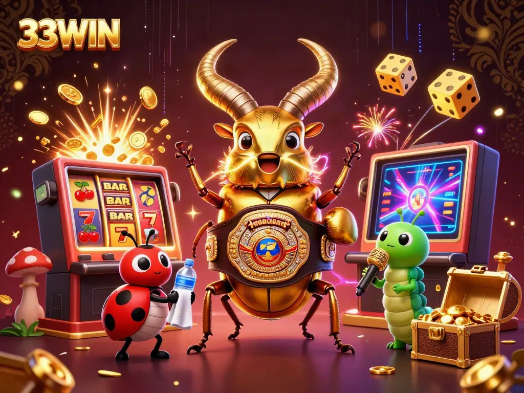 Experience the thrill with 33WIN's vibrant casino illustration showcasing a golden stag beetle champion amidst a jackpot explosion.