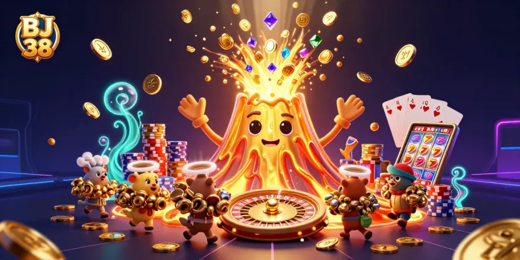 Catch the excitement as BJ 38 erupts with treasures in this vibrant casino-themed scene.