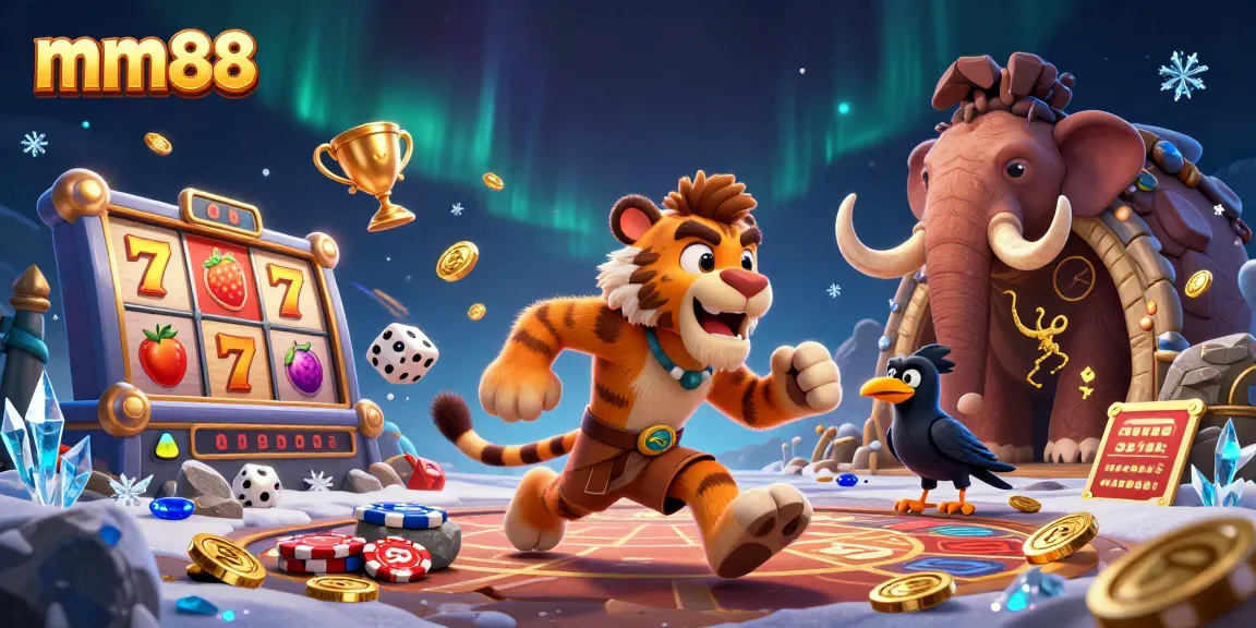 Experience thrilling mm88 slots with caveman characters in a prehistoric casino scene.