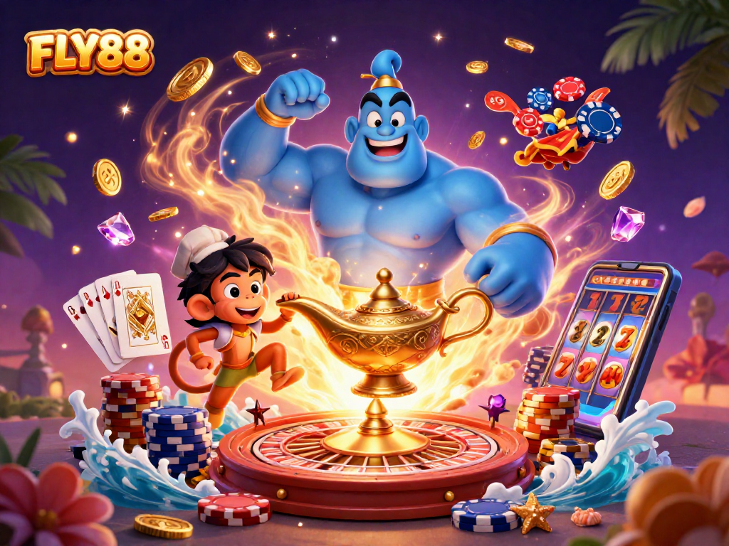 FLY88 invites excitement with a blue genie and poker-themed magic in this vibrant casino scene.