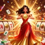 Engage with cổng game hitclub, featuring vibrant slot elements and a stunning illustration of a woman holding a golden coin.