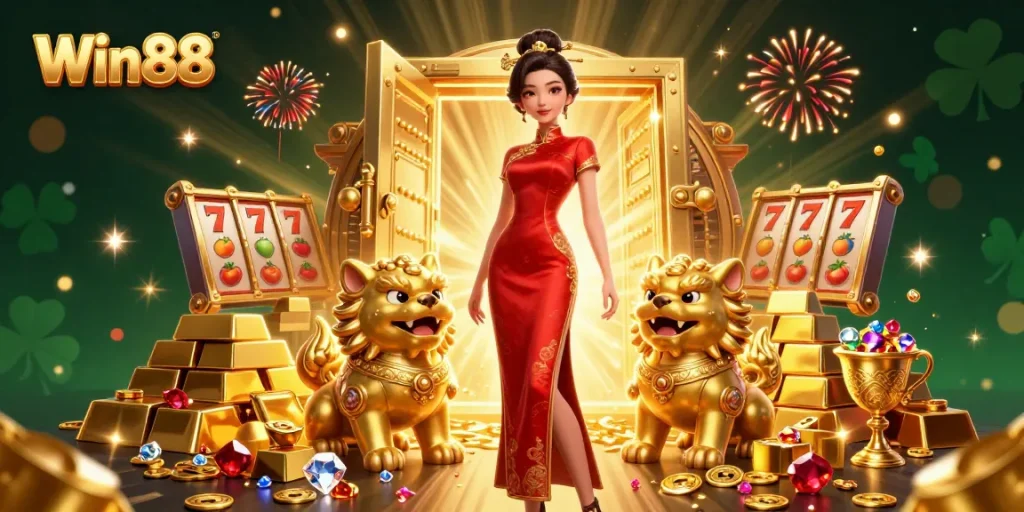 Win88 offers exciting gameplay with dazzling slot machines and jackpot wins in this vibrant casino scene.