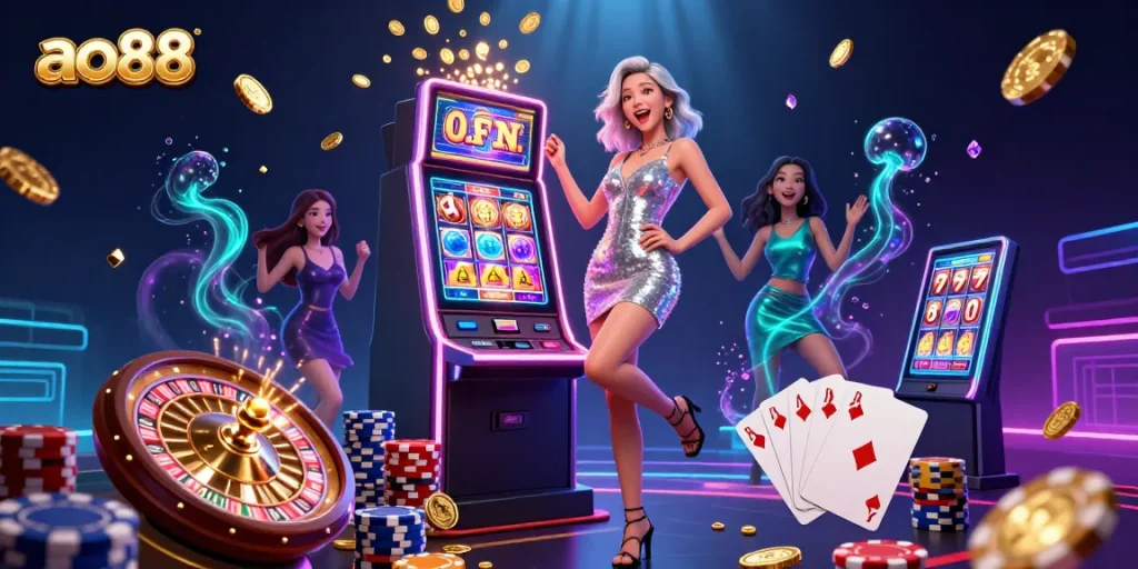 Spin the winning reels on ao88 with a stunning celebratory scene in a vibrant casino atmosphere.