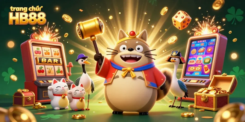 Experience the thrill of gaming at trang chủ HB88 with vibrant slot machines and luck-filled characters.