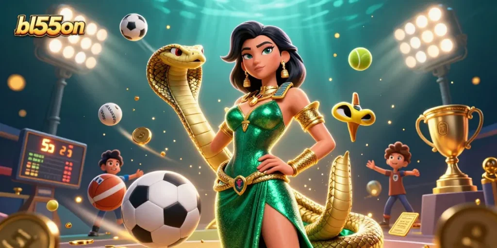 Experience thrilling gameplay with bl555on as the glamorous casino woman engages with vibrant sports elements.
