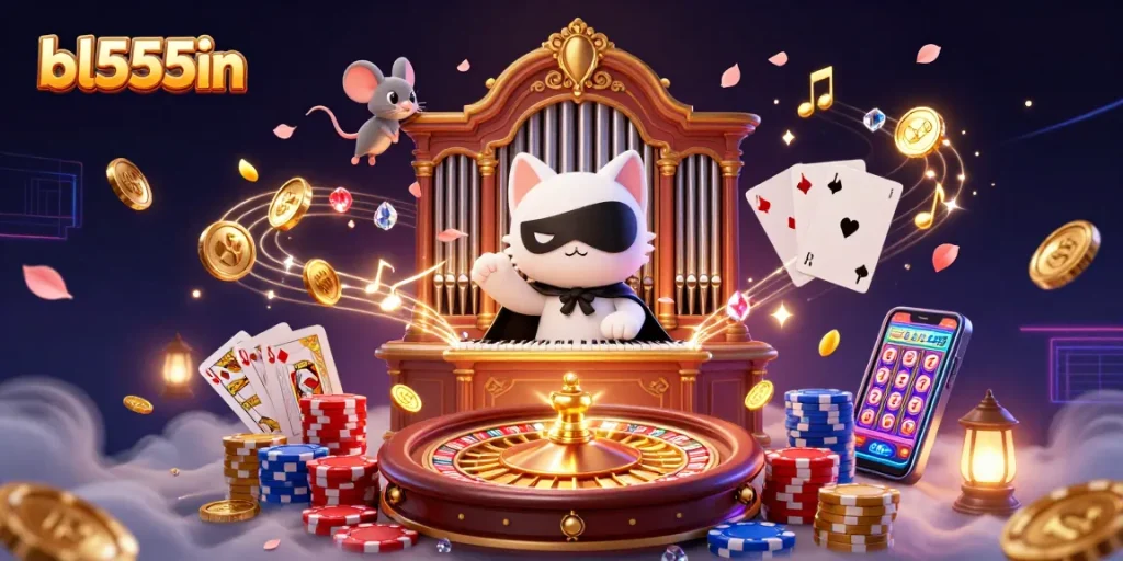 Win big at bl555in with a 3D casino scene featuring lively characters and vibrant gaming elements.