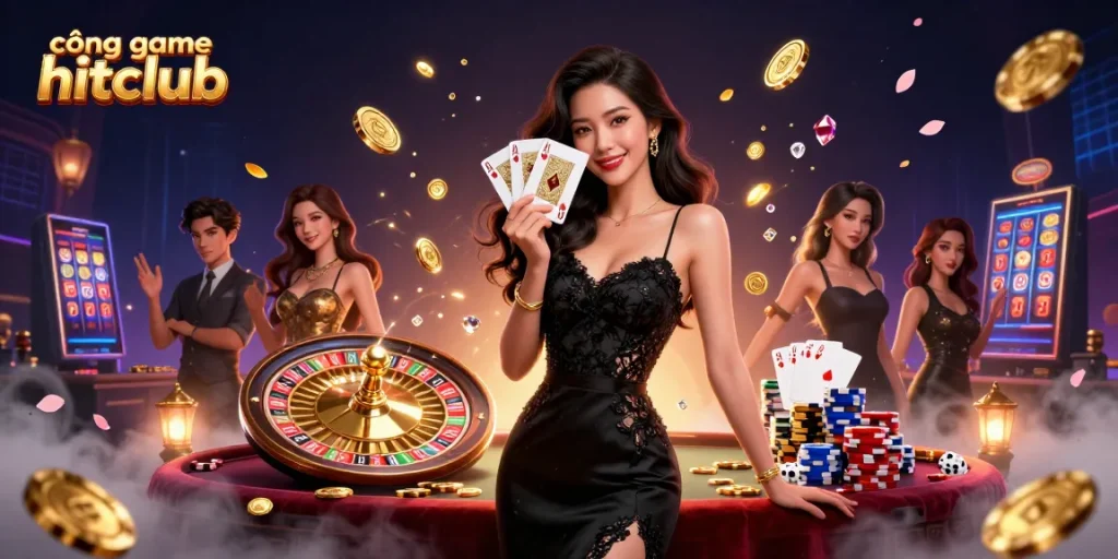 Cascading golden coins and slot machine elements define cổng game hitclub atmosphere, showcasing thrilling gameplay.