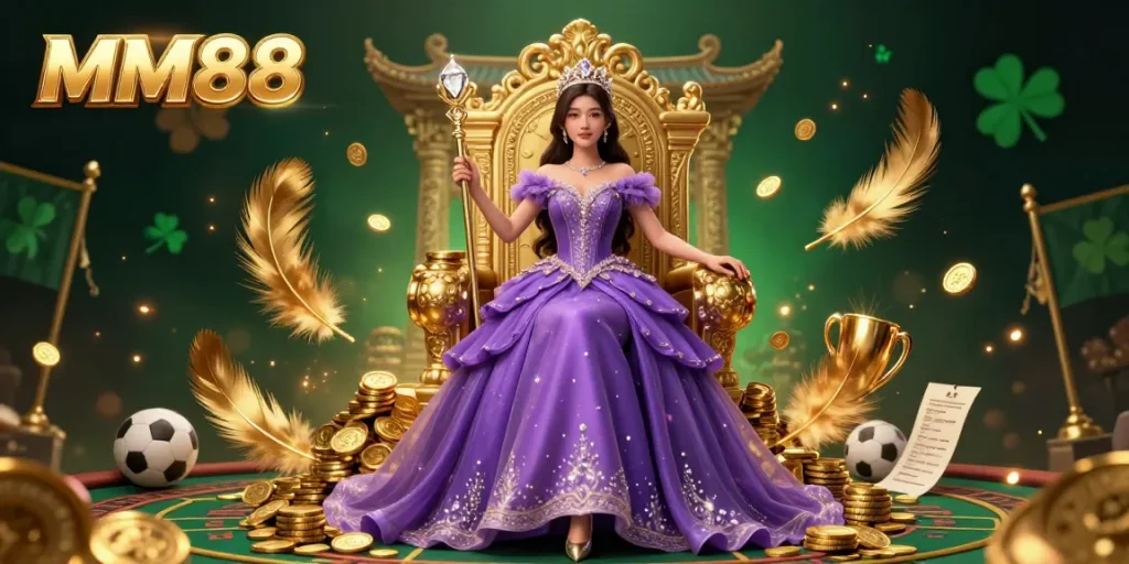 Exciting MM88 sports betting scene showcasing a beautiful Asian woman in royal attire amid dynamic elements.