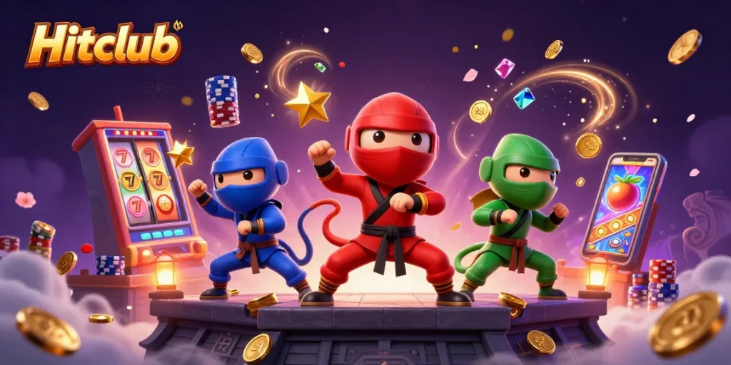 Hitclub gambling illustration showcasing a ninja chameleon team in action amidst vibrant casino elements.