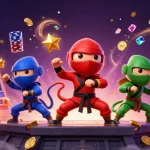 Hitclub gambling illustration showcasing a ninja chameleon team in action amidst vibrant casino elements.