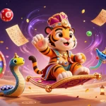 Hitclub's magical tiger sultan on a poker chip carpet amid colorful lottery elements, showcasing excitement.