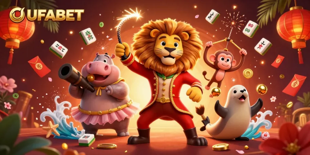 Experience UFABET's dynamic casino atmosphere with lively cartoon characters and festive elements.