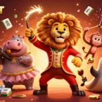 Experience UFABET's dynamic casino atmosphere with lively cartoon characters and festive elements.